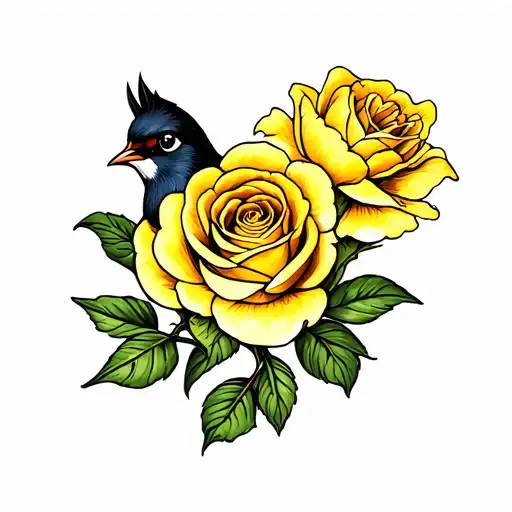 Robin With Yellow Rose Flower