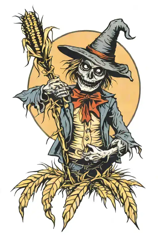 Scarecrow Under A Full Moon In A Corn Field