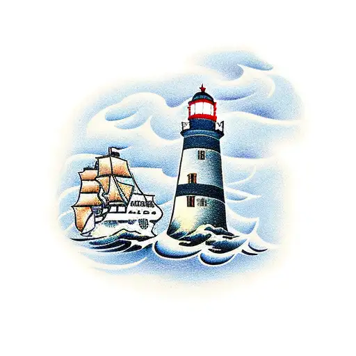 A Lighthouse With A Ship In Open Ocean