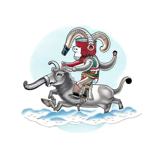 Sock Monkey Riding An Aries Ram Whilem Stabbing It In The Back With Syringe