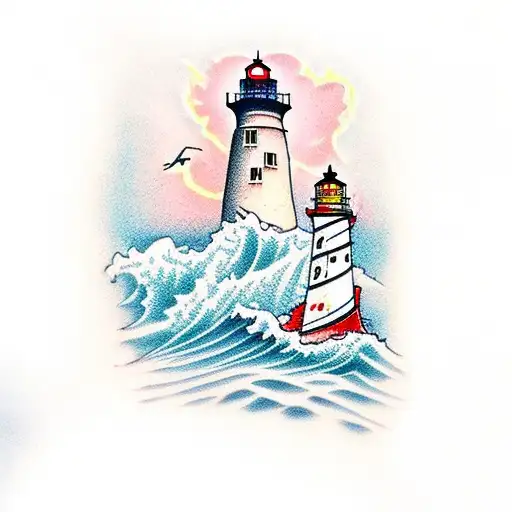 A Lighthouse With A Ship Wreck In Open Ocean