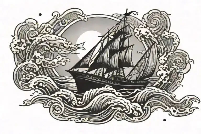 Sun Ship Fish Sky Water Waves