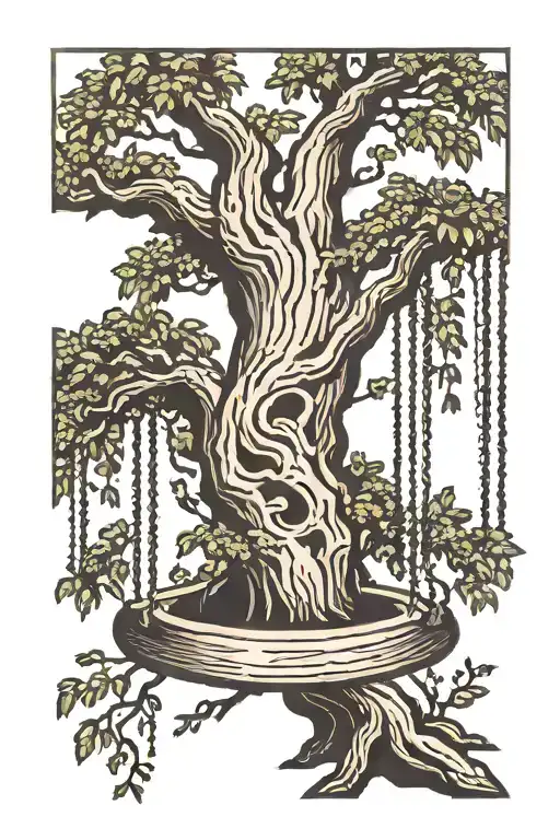 Willow Tree With Wood Swing Hanging From Branch