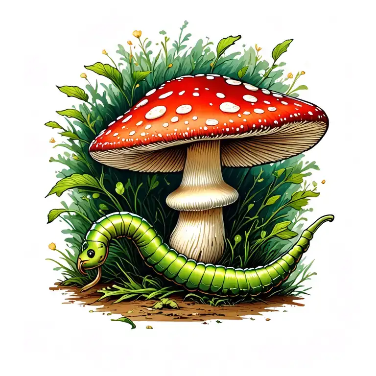Red And White Mushroom With Green Inch Worm Crawling In Front Of Mushroom