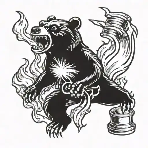 Roaring Bear In Flames And Pistons Like Crossbones Floating