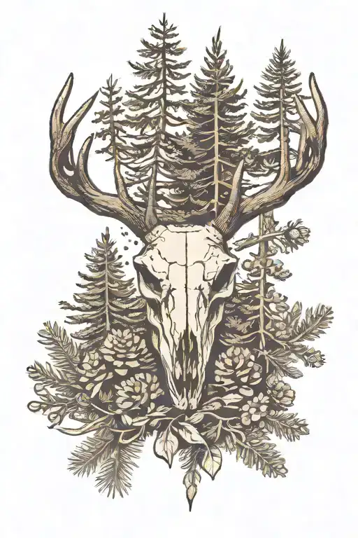 Deer Skull With Pine Trees Around It