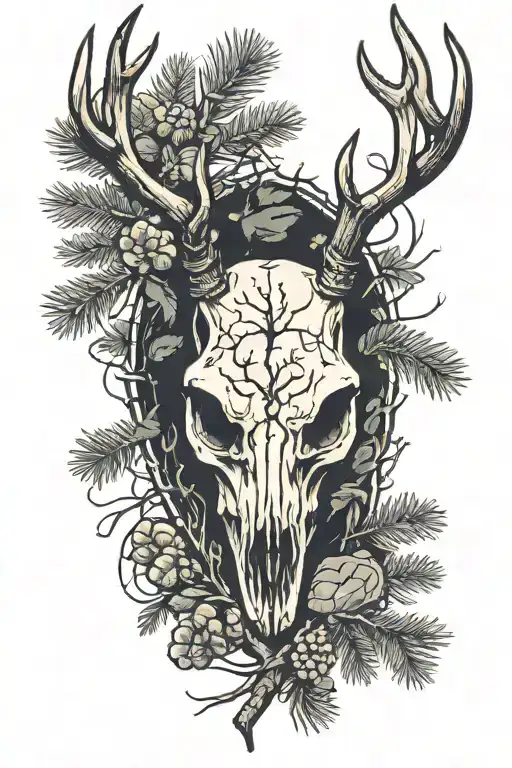 Deer Skull With Pine Trees And Rocks Around It