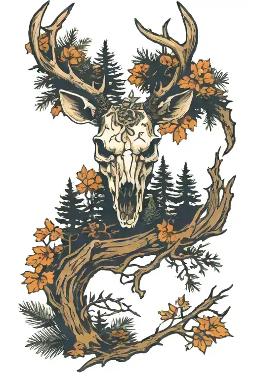 Overgrown Deer Skull In A Pine Forest Scene