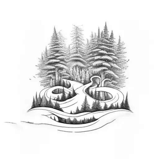 A Black-grey Tattoo Of A Forest Scene With A Winding Road Leading Into The Distance