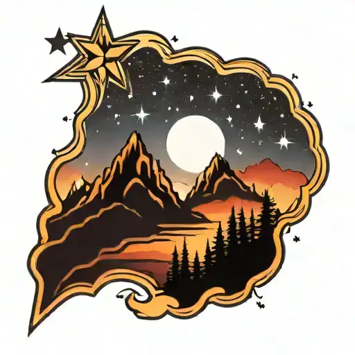 Sunset Between 2 Mountains With Starry Sky