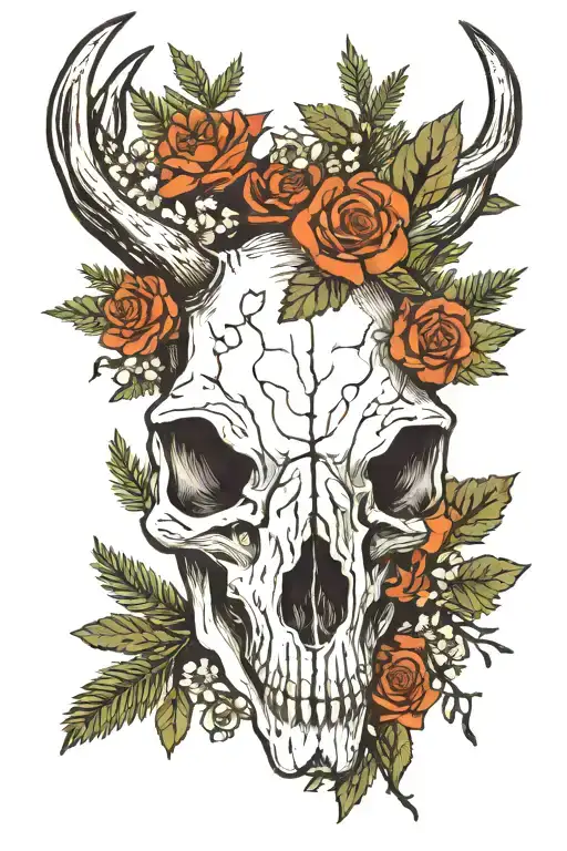 A Deer Skull In A Pine Forest With Rocks And Leaves Around Also Flowers