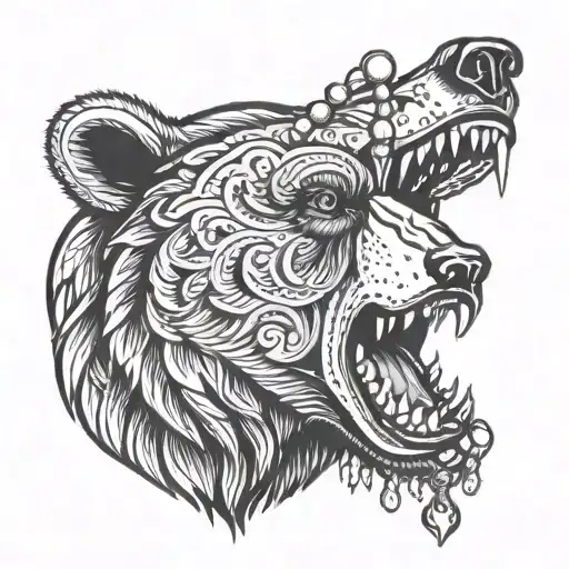 Bear Head Profile Holding Rosary In Mouth Open