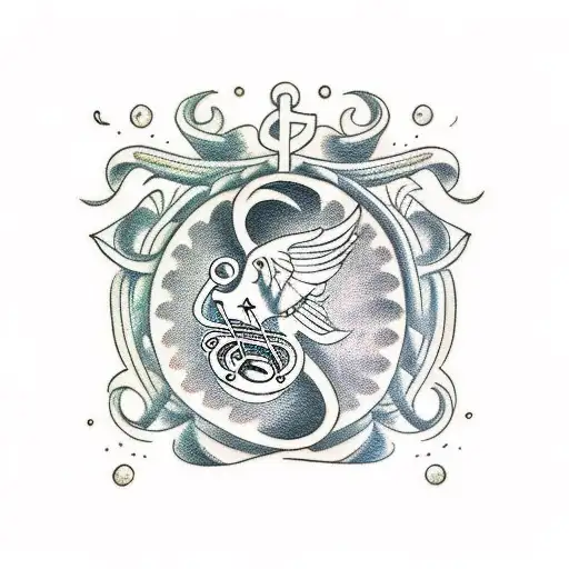 A Traditional Style Tattoo Of A Racing Car Surrounded By Musical Notes And Food Symbols