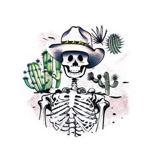Skeleton Cowboy In The Desert Next To A Cactus