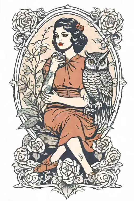 Woman And Owl Sitting
