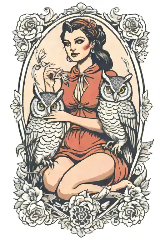 Woman And Owl Sitting