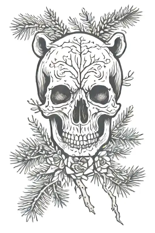Bear Skull Surrounded By Pine Trees And Leaves Growing