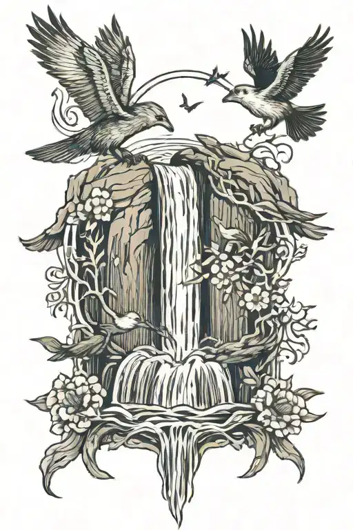 Waterfall With Flying Birds And In The Center Two Intertwined Figures Of Wolves