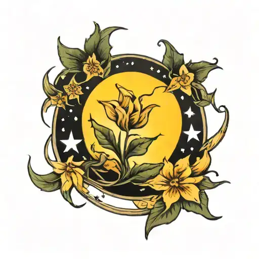 Half Moon Surounding Moonflowers And 8 Stars