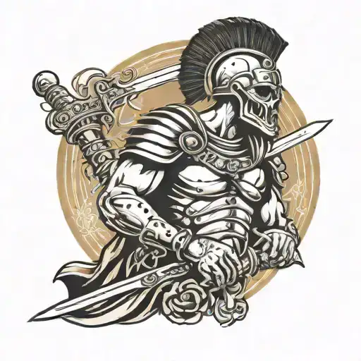 Gladiator With Skull Head Profile Holding A Sword