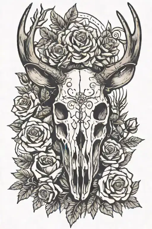 Deer Skull With Roses And Pine Trees