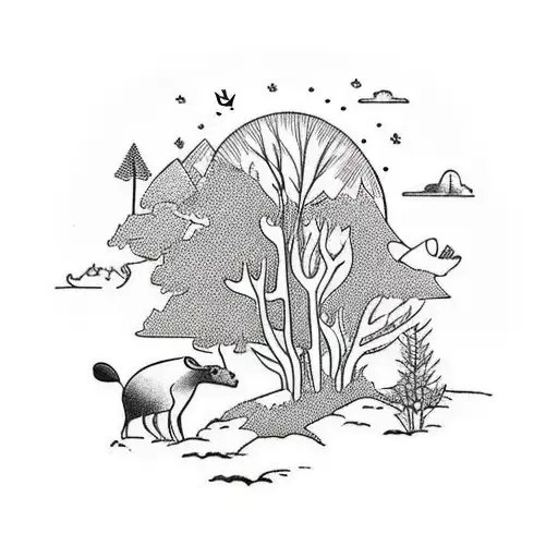 A Serene Forest Scene With Animals Peacefully Coexisting In Their Natural Habitat