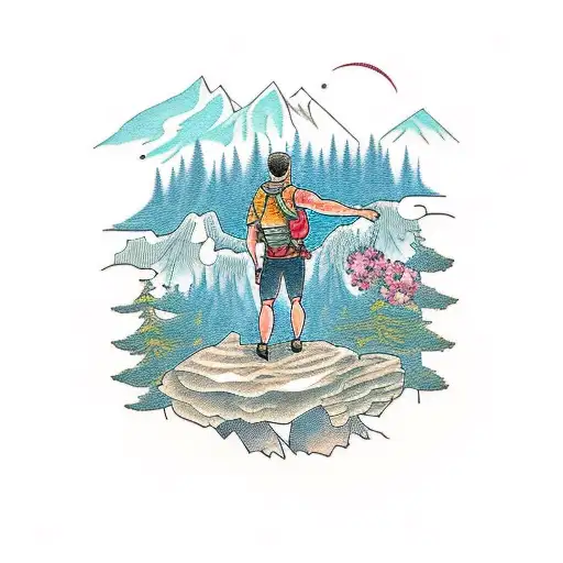 A Hiker Standing On A Cliff Edge Overlooking A Breathtaking Floral Valley