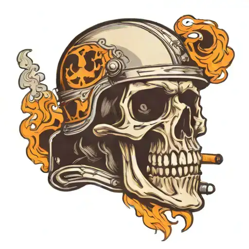 Skull Wearing Motorbike Helmet Smoking Cigarette Burning