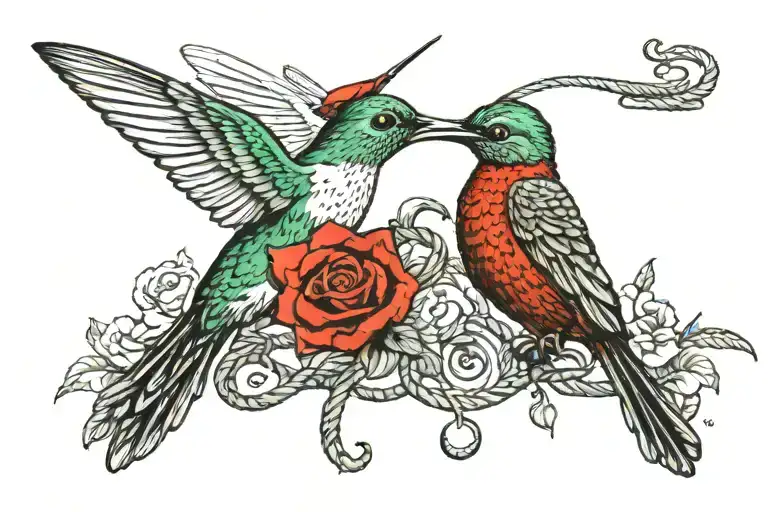 Humming Bird And Horse Tied Together By A Red Rope