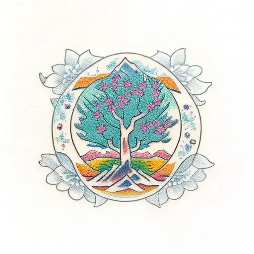 Traditional Style Tattoo Of A Majestic Tree Surrounded By Intricate Floral Patterns