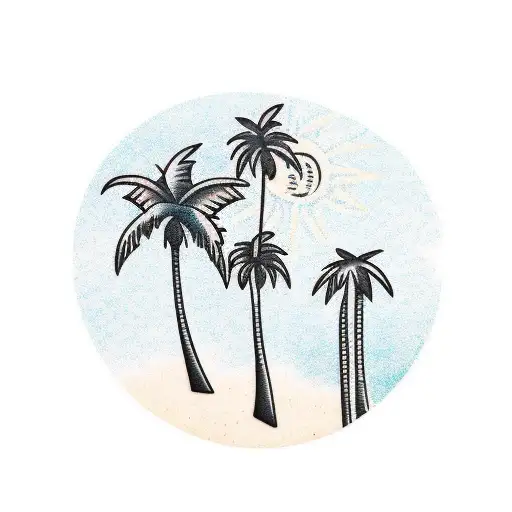 Two Palm Trees In A Frame With A Colored Sun