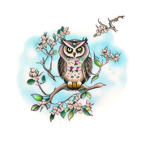 An Owl On An Apple Tree Branch With An Apple Blossom Flower