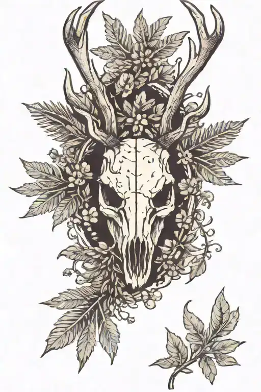 Stag Skull With Pines And Leaves Around It