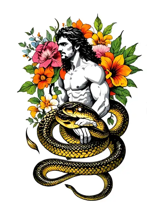 13 Feats Of Hercules Against The Background Of A Snake And Flowers