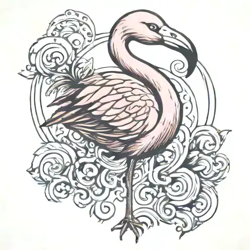 Flamingo With Swirls In The Body Feathers Engraving Style