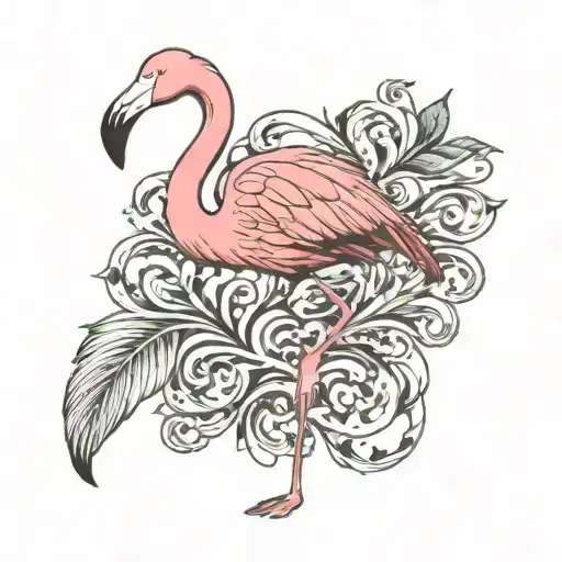 A Single Flamingo With Swirls In The Body Feathers Engraving Style - Nothing Surrounding It