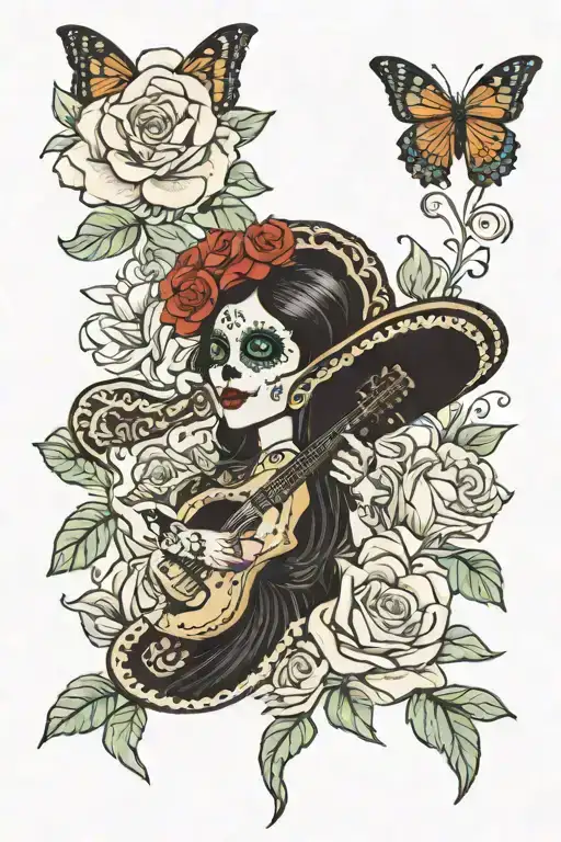 Day Of The Dead Female Mariachi Singer White Flowers Butterflies