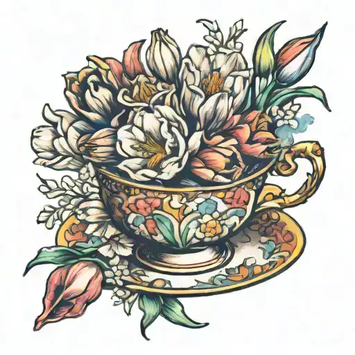 A Pretty Femiene Coloured Teacup Filled With Tulips And Gladioli Flowers