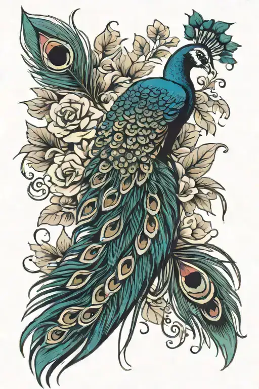 Peacock Feathers And Flowers