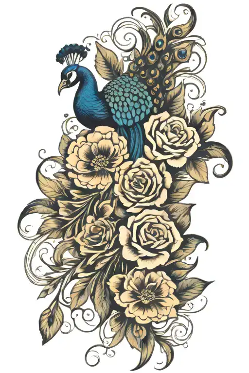 Flowers Intertwined With Peacock Feathers With Shading