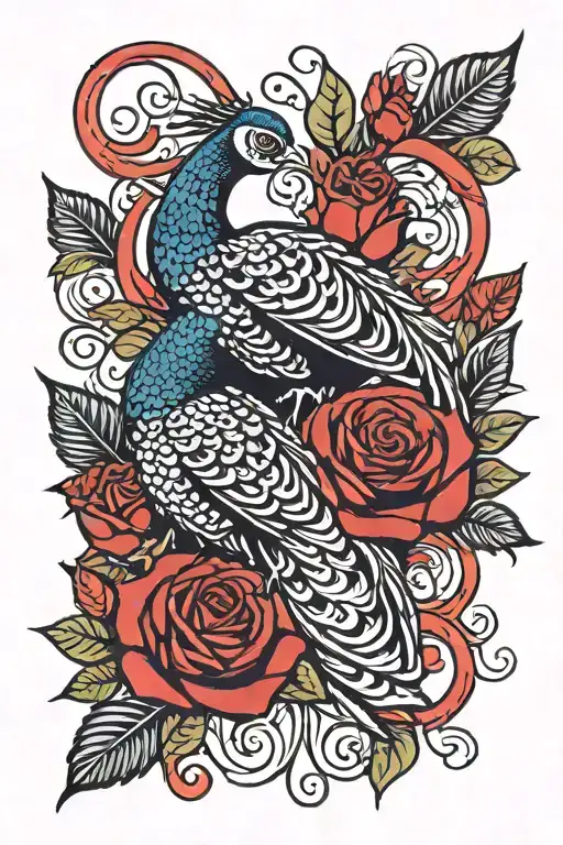 Red And Black Roses Intertwined With Peacock Feathers Turning Into Hearts