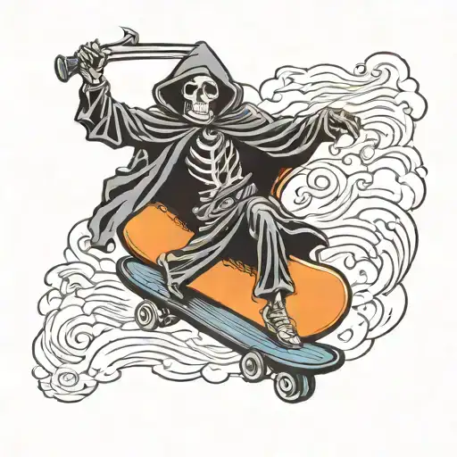 Grim Reaper Doing A Kick Flip On A Skateboard