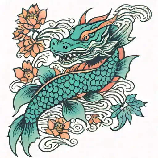 Dragon Koi With Lotus Colored Leaves Sunset