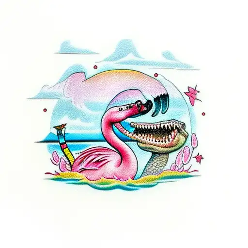 Flamingo With Manatee And Alligator