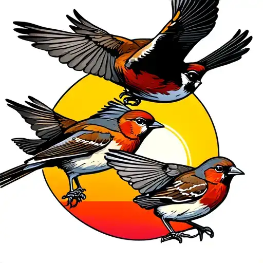 Three Sparrows Flying Into The Sunset