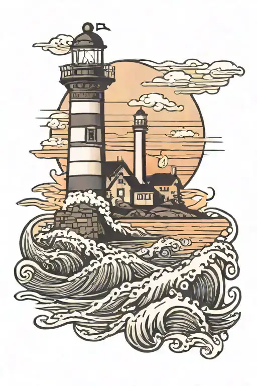 Sunset With Wave And Lighthouse That Illuminates