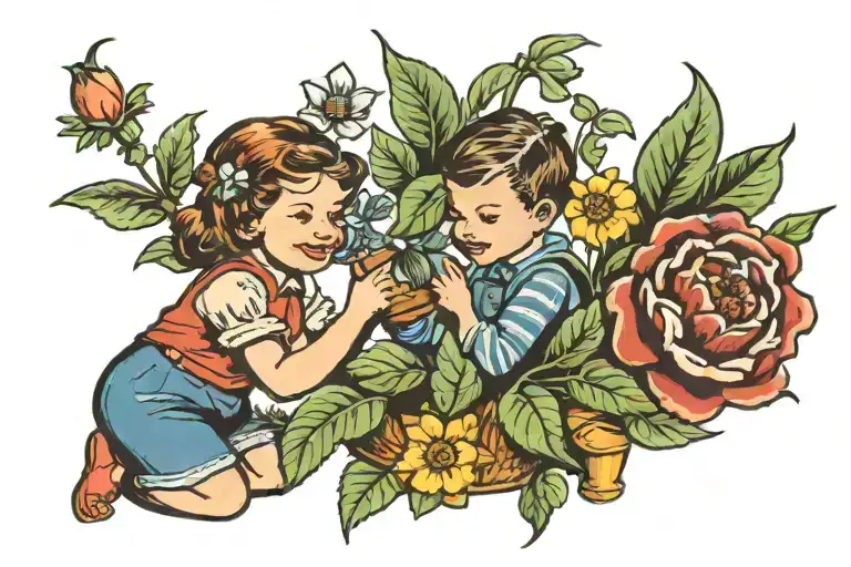 Children Plant Flowers