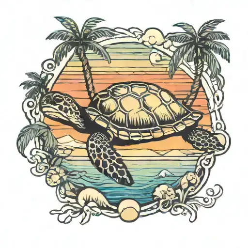 Sea Turtle And Palm Trees Colors Sunset Over Lake