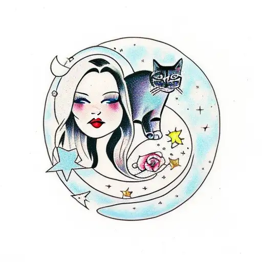 Girl And A Cat Early Morning Lookind At The Stars