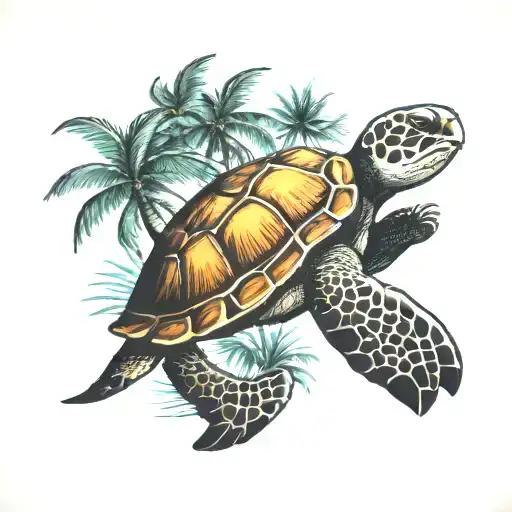 Sea Turtle And Palm Trees